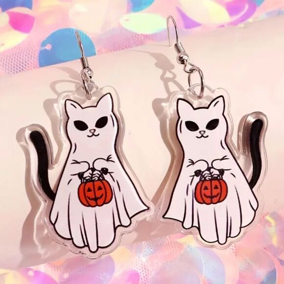 Cute Kitty Cat Ghost Halloween Earrings Lightweight  Trick or Treat Pumpkin - Picture 1 of 4